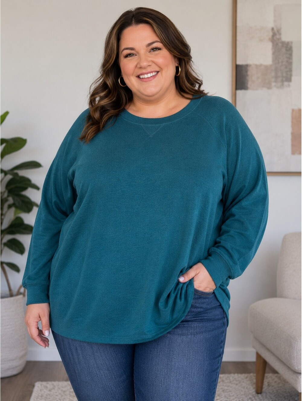 Terra & Sky - Teal/Green Crewneck Raglan Sweatshirt Plus Size 3X - 24W-26W